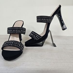 Forever Black Crystal Strap High Heel Slide Sandals